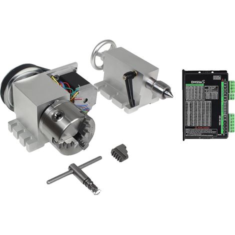Cabezal divisor rotatorio CNC, mandril de 3 mordazas, contrapunto de 65 mm, motor paso a paso Nema23 (1/2)