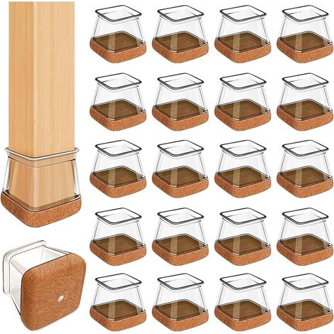 Stuhlbeinkappen Eckig, 32pcs Bodenschoner für Stühle, Schutzkappen für Stuhlbeine mit Filz, Transparent Silikon Stuhlbeinschoner für Hartholzböden. (1/5)