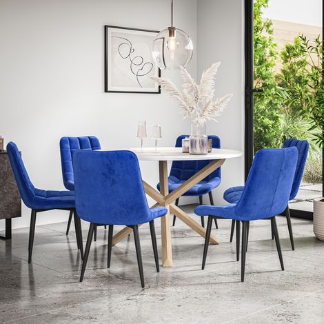 Malvern Round Dining Table And Chairs - Marble Table Top w Solid Oak Legs + Nova Velvet Dining Chair Set Of 6 (Blue) (1/5)