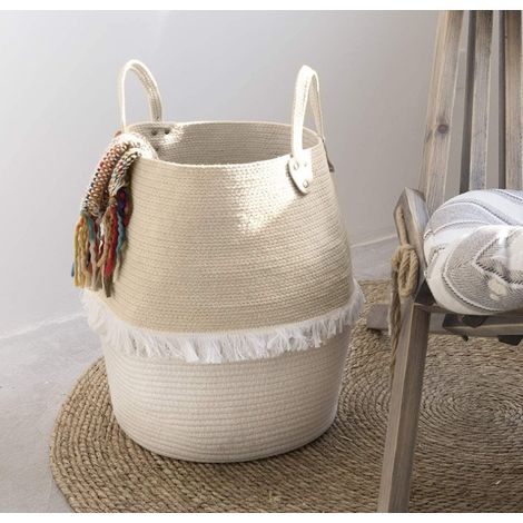 Panier à linge tressé en corde de coton avec poignées. Boîte de rangement multifonctionnelle beige. (1/4)