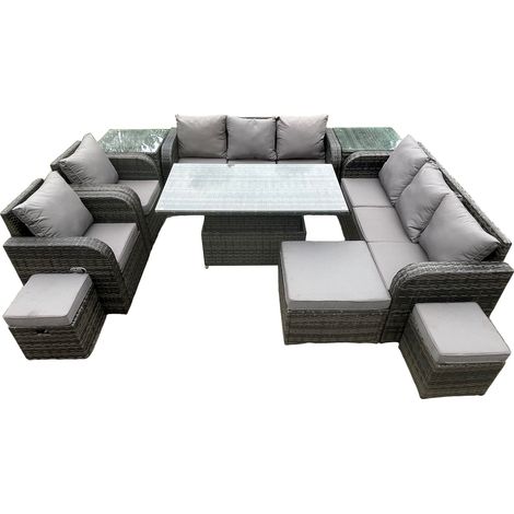 Fimous 11 personnes en rotin ensemble salon de jardin extérieur table à manger réglable en hauteur canapé avec chaise longue 2 tables d'appoint 3 repose-pieds gris foncé mix (1/5)