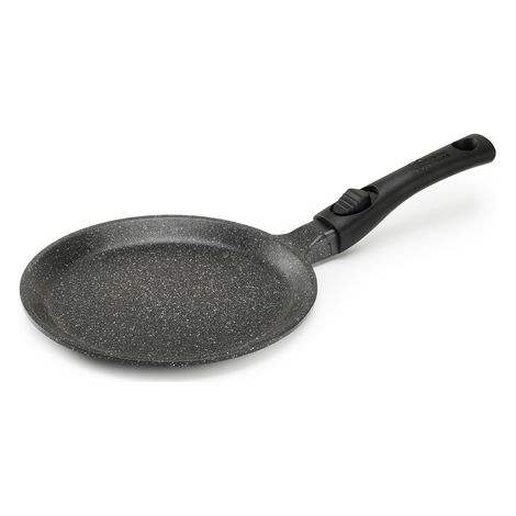 Pradel Excellence - Poêle à crêpes 28 cm, fonte d'aluminium, revêtement façon pierre anti-adhésif sans PFOA, manche amovible (1/2)