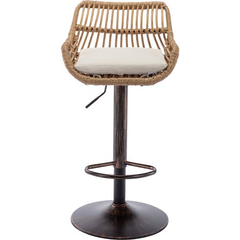 Set di 2 sgabelli da bar girevoli a 360° regolabili in altezza in rattan con cuscino in lino beige (1/5)