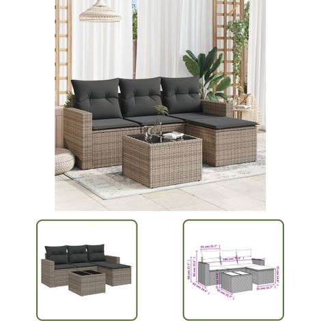 The Living Store 5-tlg. Garten-Sofagarnitur mit Kissen Grau Poly Rattan - Gartenmöbel - Outdoor Möbel - Rattan Sofa - Lounge Set - Esstisch