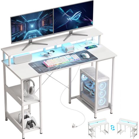 Scrivania per Computer Reversibile Ripiani, 120x50 cm, con Prese Elettriche e Luci LED, Bianco Effetto Legno (1/5)