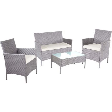 [NEUWERTIG] 2-1-1 Poly-Rattan Garten-Garnitur Hamar, Sitzgruppe Lounge-Set Sofa grau, Kissen creme (1/5)