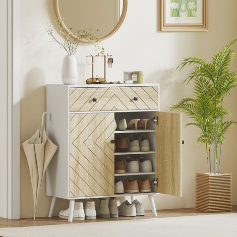 Zapatero Entrada Recibidor con 2 Puertas Estantes Ajustables Cajón para 12 Pares de Zapatos 75x35x97 cm Blanco y Natural (1/5)