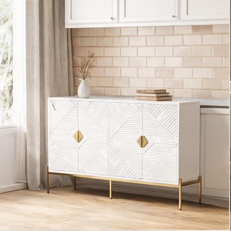 Meuble buffet blanc 162 cm 4 portes design géométrique (1/5)