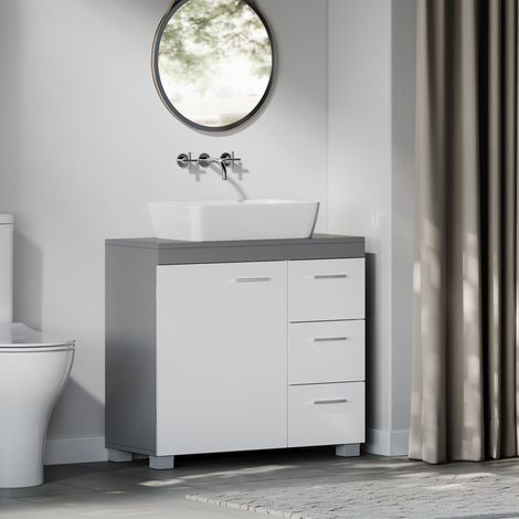 Modèle vasque intégré, 3 Grands Tiroirs, Placard sous Vasque, 2 Compartiments Derrière la Porte, 30 x 70 x 64 cm, Gris et Blanc (1/5)