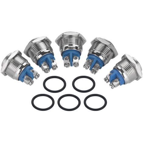 Lot de 5 mini-interrupteurs à bouton-poussoir étanches en métal 2 broches (tête convexe), 16 mm, 250 V