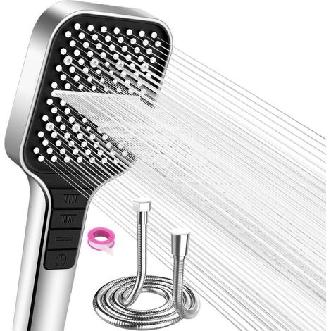 Duschkopf mit 7 Strahlarten und 1.5M Schlauch, Wassersparend, Regendusche mit Stopptaste, Silber (1/5)