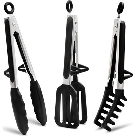 CCYKXA3-Piece 26cm Stainless Steel Kitchen Tongs, Food Tongs, Spaghetti Tongs, Barbecue Tongs, Silicone Kitchen Tongs for Barbecue, Salad, Cooking (Black) (1/5)