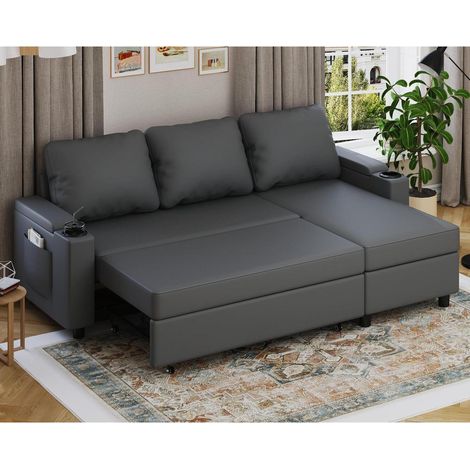 Ecksofa mit Schlaffunktion und Bettkasten, L-Form, 3-Sitzer, ausziehbar, Leder-Optik, Schwarz 200cm (1/5)