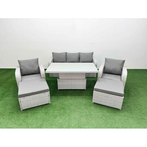 Fimous PE Rattan Garden Furniture Set Reclining Chair Sofa Lounge Sofa Set Adjustable Lifting Dining or Coffee Table 2 Big Footstool Light Grey (1/4)
