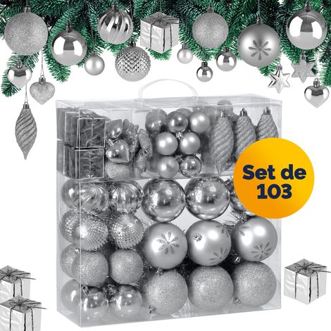 Lot de 103 boules de Noël Décorations pour sapin en plastique robuste Décoration de Noël intérieur extérieur Argent