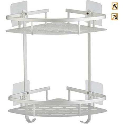 Étagère de douche d'angle sans perçage, 2 niveaux, en acier inoxydable et aluminium, avec bac à shampoing intégré. (1/5)