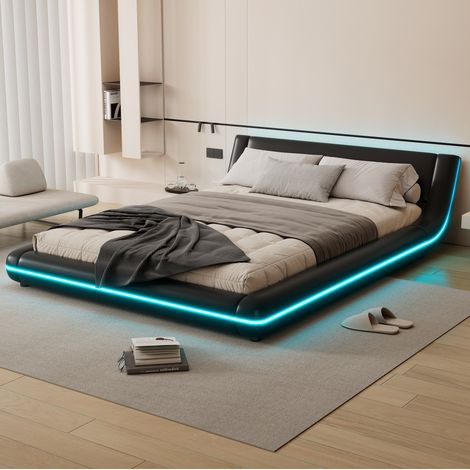 Letto a pavimento moderno 140x200 cm in PU e MDF nero con LED perimetrali, rete a doghe (1/5)