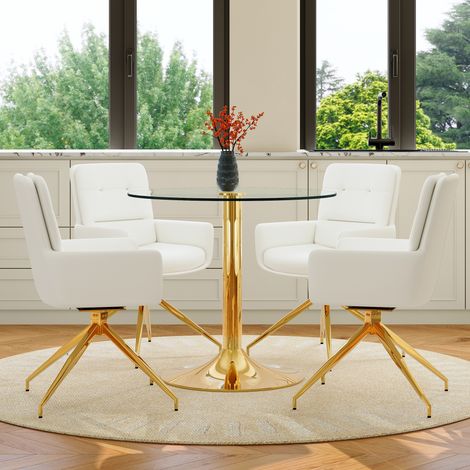 Table ronde en verre trempé 85 cm, structure métallique, avec 4 chaises pivotantes 360° PU blanc et or – salle à manger (1/4)