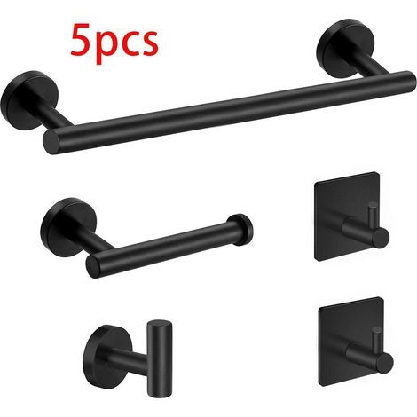 Ensemble de 5 accessoires de salle de bain – Porte-serviette 40 cm – Porte-papier toilette – Crochets pour peignoirs en acier inoxydable noir brossé (1/4)
