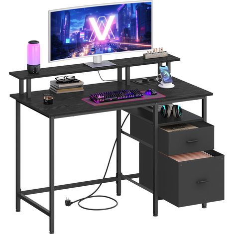 Bureau Gaming, avec Tiroirs en Tissu, Table Informatique avec Support d'Écran, Multiprise, 2 Ports USB, pour Bureau à Domicile, 120 x 60 cm, Noir Boisé (1/5)