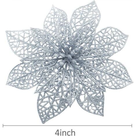 Lot de 36 poinsettias scintillants pour décorations de Noël, fleurs artificielles en soie de 10 cm pour couronnes de Noël et décorations de fêtes (argent royal) (1/4)