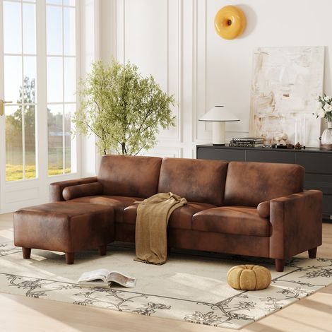 Canapé 3 Places en Similicuir Luxueux avec pouf mobile,Cadre en bois,Imperméable et Facile à Entretenir,pour Salon,234x155x88cm,Marron
