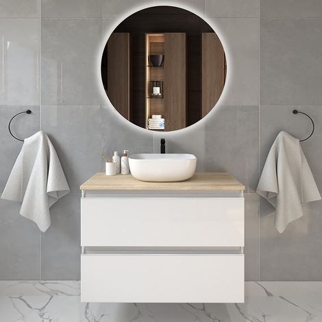 Meuble de salle de bain 2 tiroirs avec vasque à poser arrondie - blanc - BALEA et miroir rond Led SOLEN - 70cm (1/5)