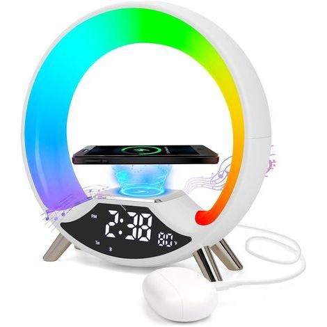 Réveil Lumineux, 15W Chargeur sans FI, Reveil Simulateur D'Aube avec Haut-Parleur Bluetooth, Reveil Radio, Deux Alarmes, Lampe de Chevet Réglable en Plus de 10 Couleurs, Blanc (1/5)