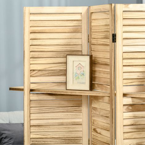 Paravent pliant 4 panneaux en paulownia avec étagères, séparateur de pièce design, 162x170 cm. (1/5)
