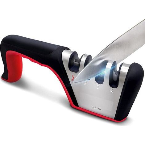 Aiguiseur Couteaux 4 en 1 Professionnel avec Base Anti-Dérapante pour Cuisine Ciseaux Manuel Noir et Rouge (1/4)