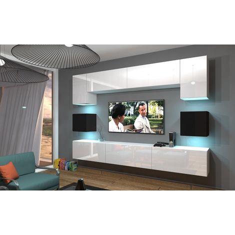 Ensemble meuble TV NEXT 1 AN1-17WB-HG23-1A blanc-noir brillant 242 cm