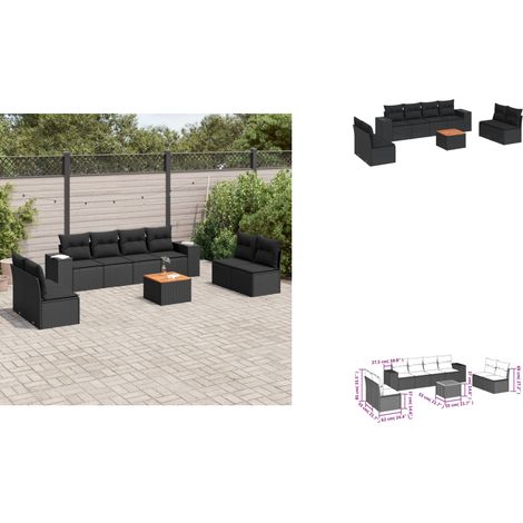 9-tlg. Garten-Sofagarnitur mit Kissen Schwarz Poly Rattan - Gartenmöbel - Outdoor Möbel - Rattan Gartenset - Lounge Set - Esstisch (1/3)