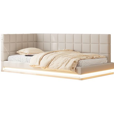 Canapé lit 90x200 multifonction avec LED, prise USB, sommier à lattes, tissu beige, convertible, pour chambre ou bureau, matelas non inclus – CHICFURN (1/5)