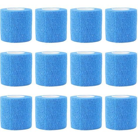 Packung mit 12 selbstklebenden elastischen Bandagen, 4,5 m lang, für Tiere, zur Reparatur von Kuhhufen. Hergestellt aus wasserdichtem, vliesartigem Polyester, blau.
