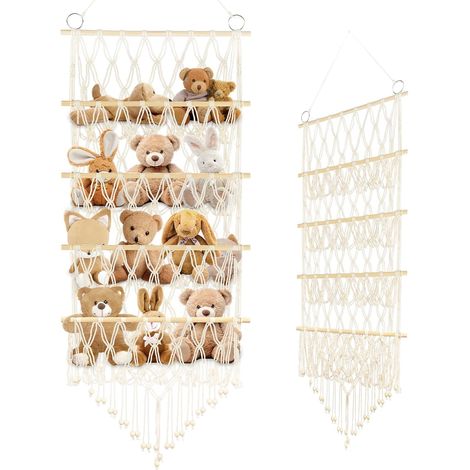 Hamac de Rangement - 4 Couches - Coton et Bois - Filet Suspendu Tissé - Pour Chambre Enfant et Salon - 120 x 52 cm Beige (1/5)