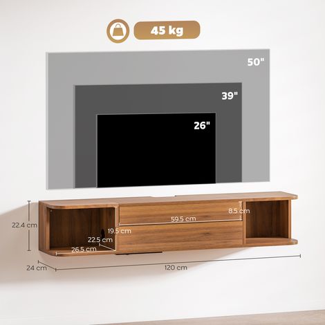 Support mural pour téléviseur (jusqu'à 50 pouces), avec prise électrique, port USB, port USB-C, tiroir et étagère. Dimensions : 120 x 24 x 22,4 cm. Finition noyer. (1/5)