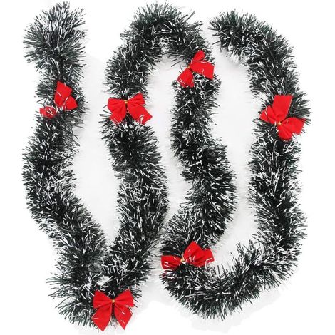 Guirnalda navideña decorativa, guirnalda de oropel blanco nieve verde oscuro con lazos rojos, decoración para árbol de Navidad para fiestas, 2 piezas/juego, 1,98 m/pieza (1/4)