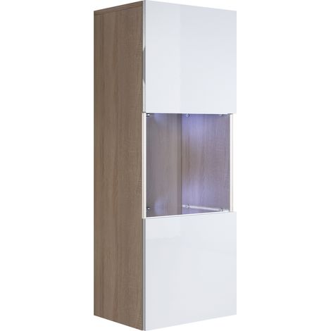 Vitrine murale 1 porte LED – Meuble de rangement suspendu 40x126x29cm – 3 compartiments – Finition mélamine mate et brillante – Lettiemobili
