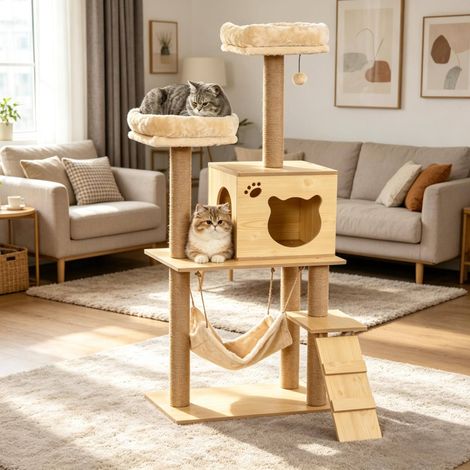 Arbre à chat multi-niveaux 130 cm beige et marron OKMYHOME (1/5)