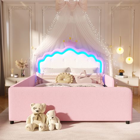 Lit princesse enfant 140x190 cm avec tête de lit couronne LED, barrières rembourrées 3 côtés, revêtement PU Rose (1/5)