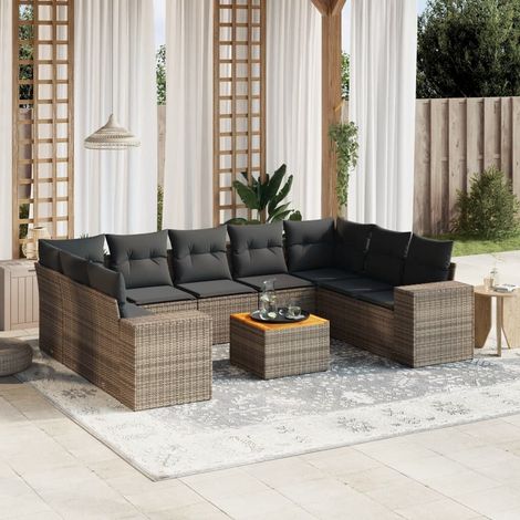 Salon de jardin 9 places gris résine tressée avec canapés, fauteuils, table acacia et 20 coussins (1/5)