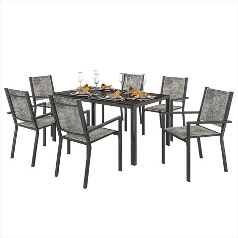 Salon de jardin table acier 150 cm 6 chaises empilables noir (1/5)