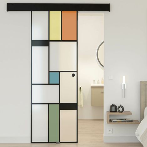 Porte coulissante en verre émaillé 8mm – Rail coulissant noir mat – H. 204 x L. 83 cm – Verre trempé norme EN 12150 – Fabrication française – Aurys (1/5)