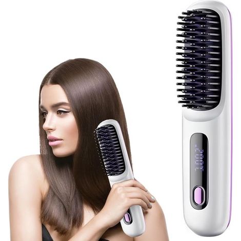 Brosse lissante sans fil - Avec affichage LCD de la température - Lisseur portable - Brosse chauffante sans fil - Pour un usage quotidien et en voyage (1/5)