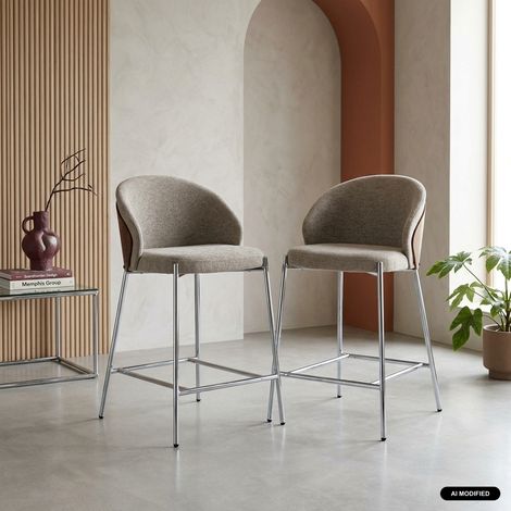 sweeek - Lot de 2 tabourets de bar bois de peuplier teinté noyer. acier chromé et tissu texturé taupe - Paul (1/5)