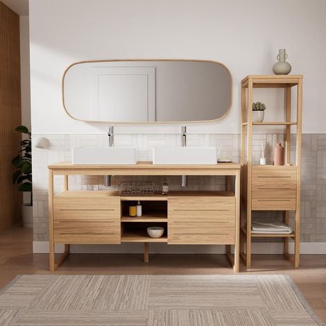 140 cm Doppelwaschbecken-Set + Waschbecken + Wasserhähne + Spiegel + ATOLL-Säule (1/5)