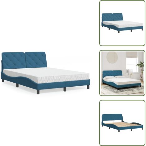 The Living Store Lit avec matelas bleu 140x190 cm velours - Lit Double - Lit Plateforme - Lit Design - Lit Velours - Literie