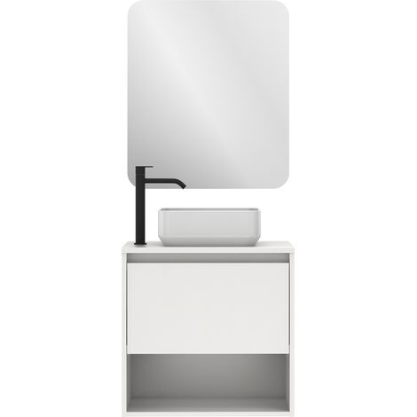 Meuble salle de bain suspendu avec vasque posée NIWA TOP blanc brillant 80 cm Miroir non inclus (1/5)