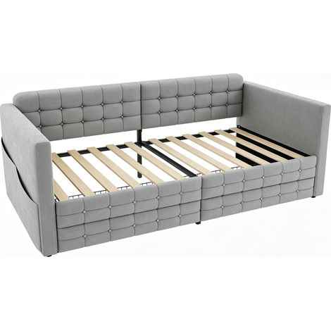 Cama diván tapizada 90 x 190 cm en terciopelo gris claro con almacenaje (1/5)