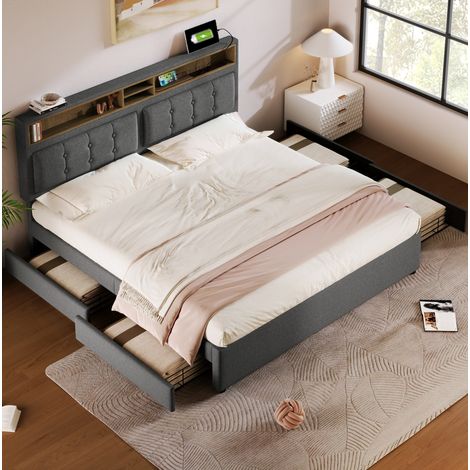 Bett 160x200 cm gepolstert mit verstellbarem Kopfteil, 4 Schubladen, Stauraumfächern und USB/Type-C, grau (1/5)